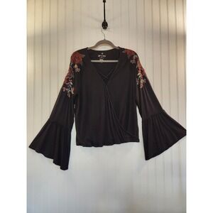American Eagle Soft & Sexy Floral Embroidered Bell Sleeve Wrap Top Black L Boho